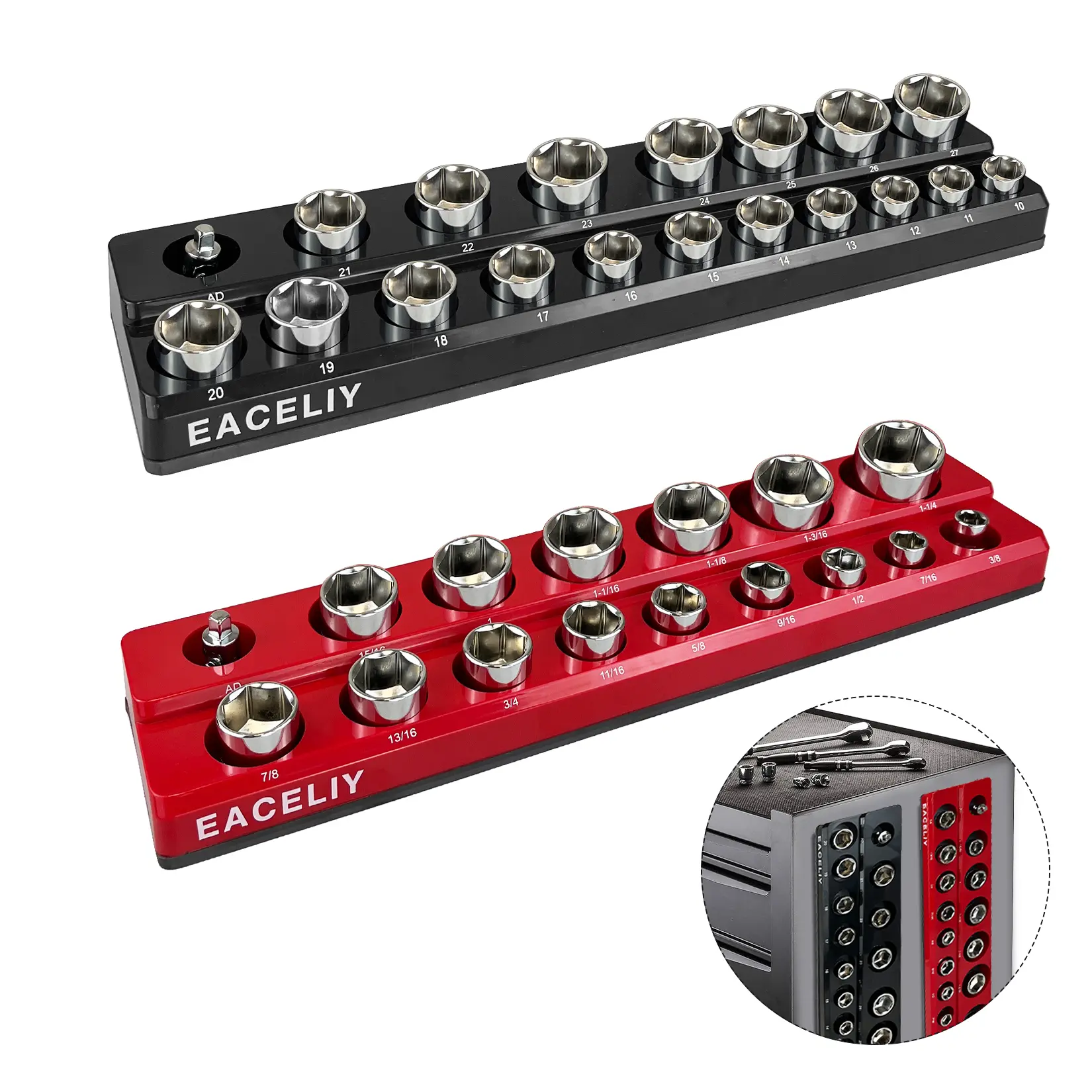 1/2" Magnetic Socket Organizer Set, 2-Piece SAE & Metric Socket Holder Kit,，Tools tray， holds 35 Deep and Shallow 1/2" Sockets, attaches to steel box/tool cart (sockets not included)