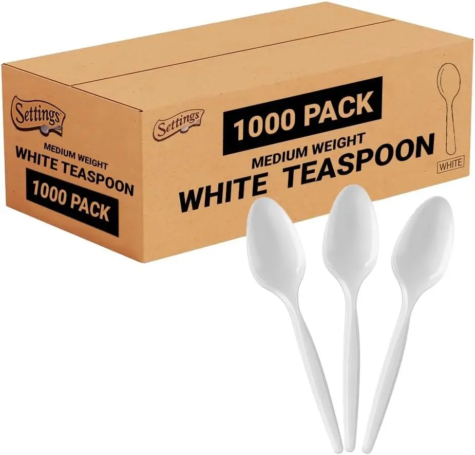 Settings Plastic Spoons White Heavy Duty Disposable Teaspoons, 1000 Count | Bulk utensils for coffee, dessert, parties, weddings, catering & office breakrooms; BPA free, sturdy for everyday use