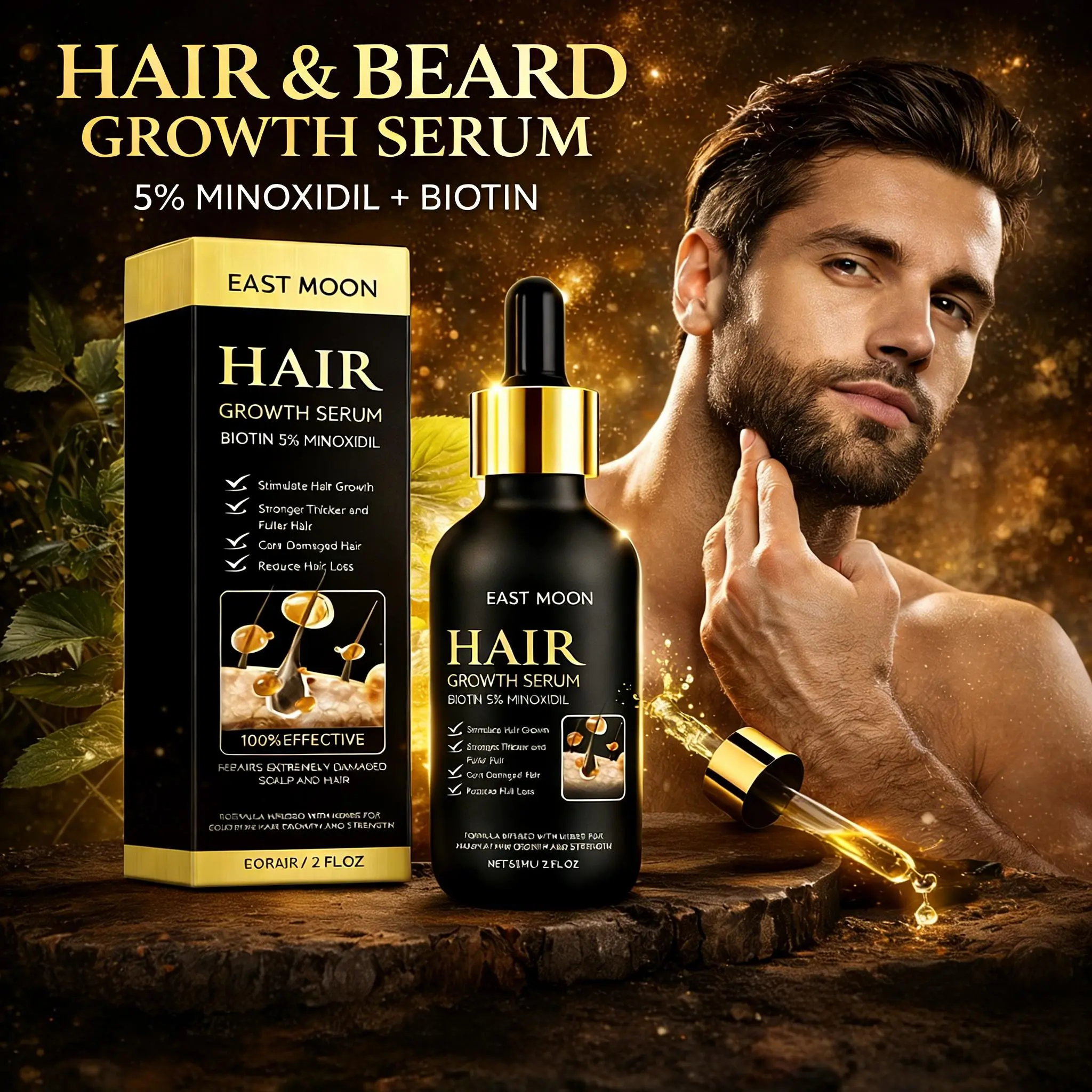 Advanced Men's Hair & Beard Growth Serum 60ml | Moisturizing & Strengthening Grooming Essential for Fuller, Healthier & More Lustrous Facial Hair, Lightweight, Daily, Hair Growth Oils