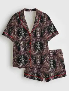 Phantasmagoria Mermaid Skeleton Pajama Set Gothic Moths Snake Print Sleepwear, Short Sleeve Satin Pajamas, Summer Sleepwear Set, Pajama Sets Women, Comfortable Sleeping Clothes, spooky aesthetic loungewear, Halloween skeleton pajamas, gothic gift for her