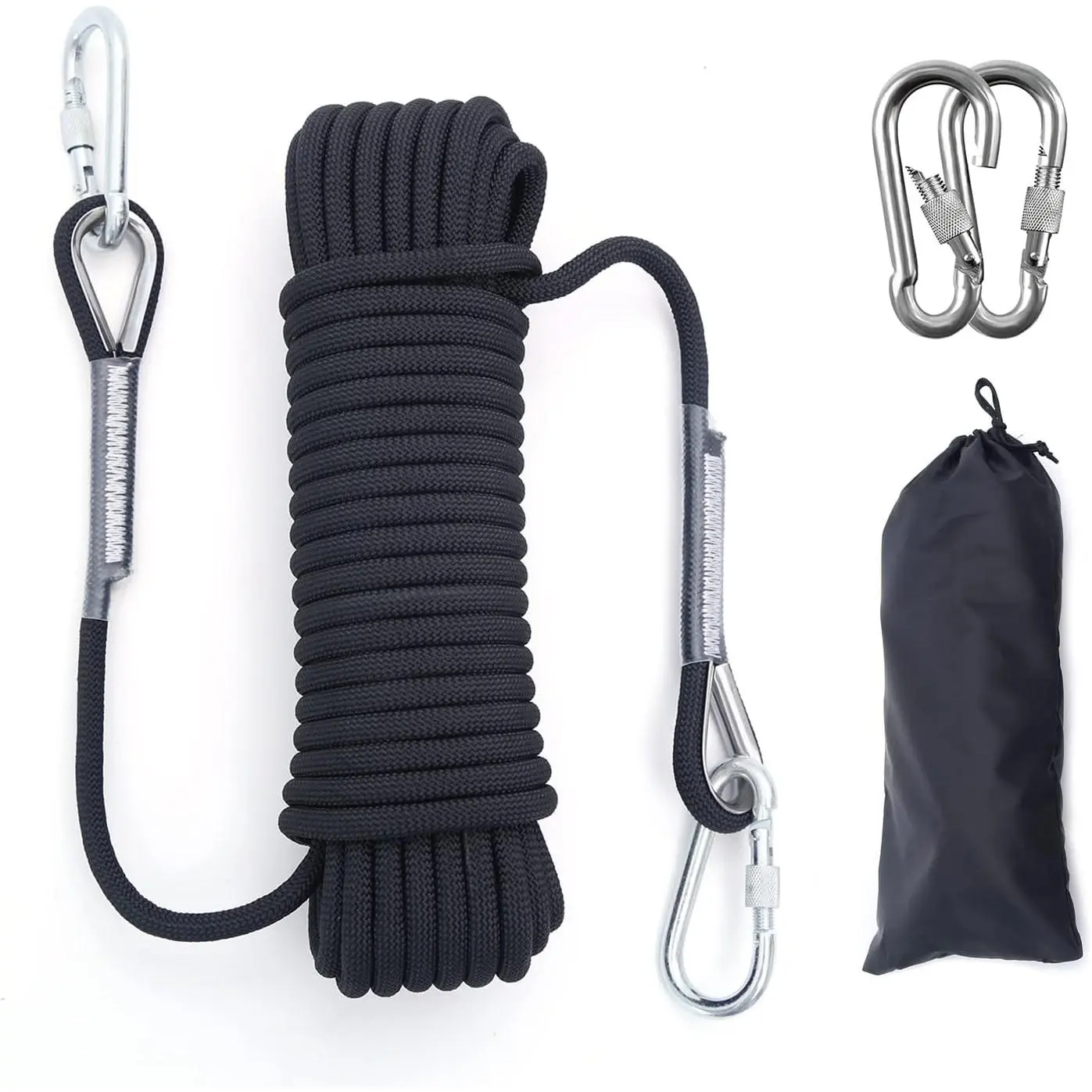 12mm Climbing Rope 32FT 64FT Static Rock Rope Outdoor Tree Rappelling Rope Nylon Rope with 2 Steel Hooks for Climbing Hiking Camping Carabiner Buckle Heavy Duty Carabiner