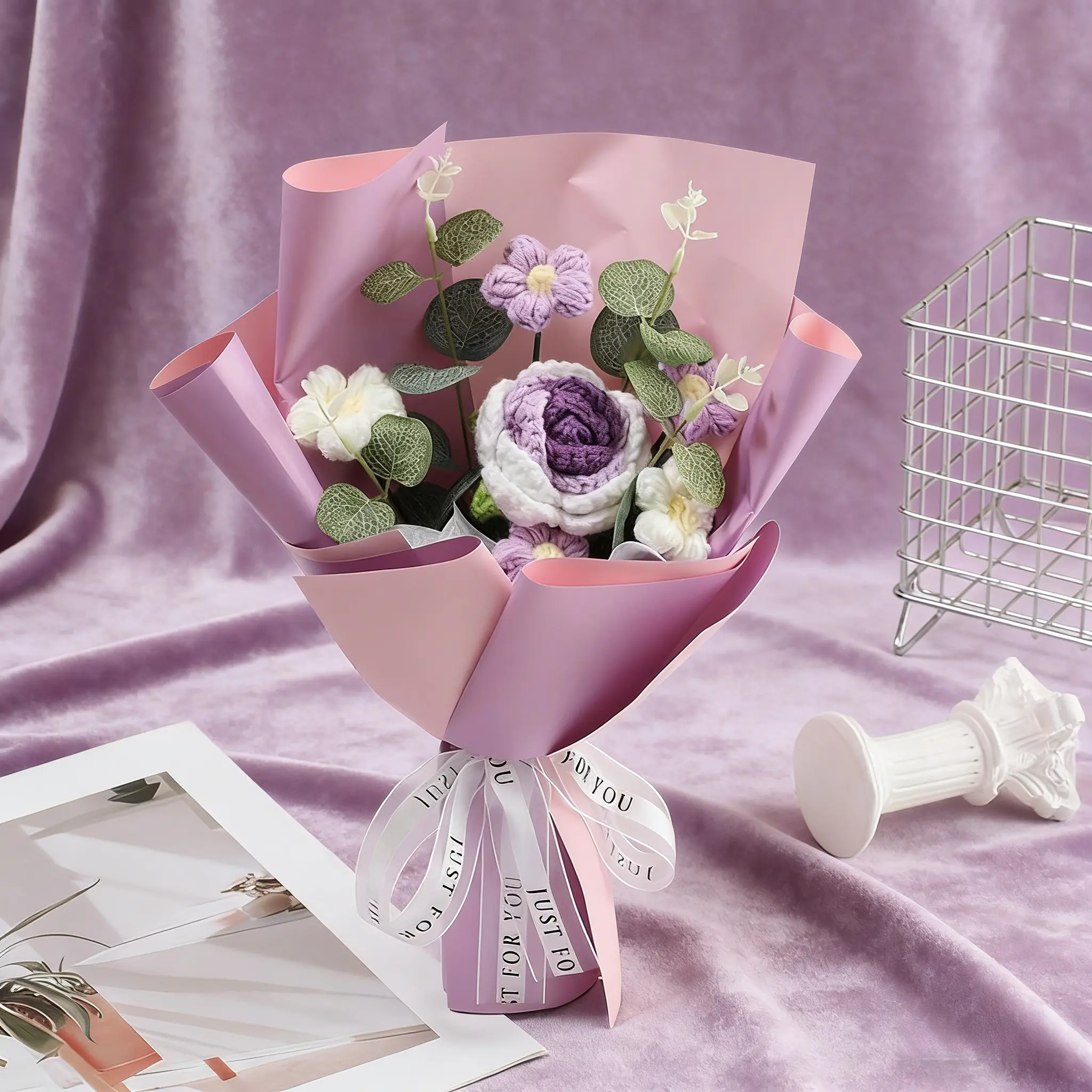 Handmade Crocheted Yarn Flower Bouquet with Pink Wrapping - Artificial Knitted Rose Arrangement, Long-Lasting Home Decor, Ideal Gift for Women, Carefully Packaged, Promptly Shipped, Customer Service Support (Contact Customer Service for Queries)