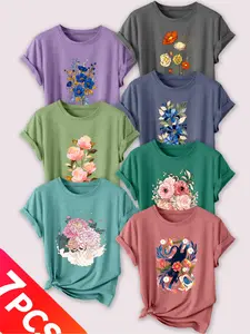 Women's 7-Pack Casual Short Sleeve Crew Neck T-Shirt, Watercolor Floral & Plant Print Set, Multiple Colors, Machine Washable, Spring & Summer Top, Soft Skin-Friendly Fabric, Daily Wear, Fashion Design