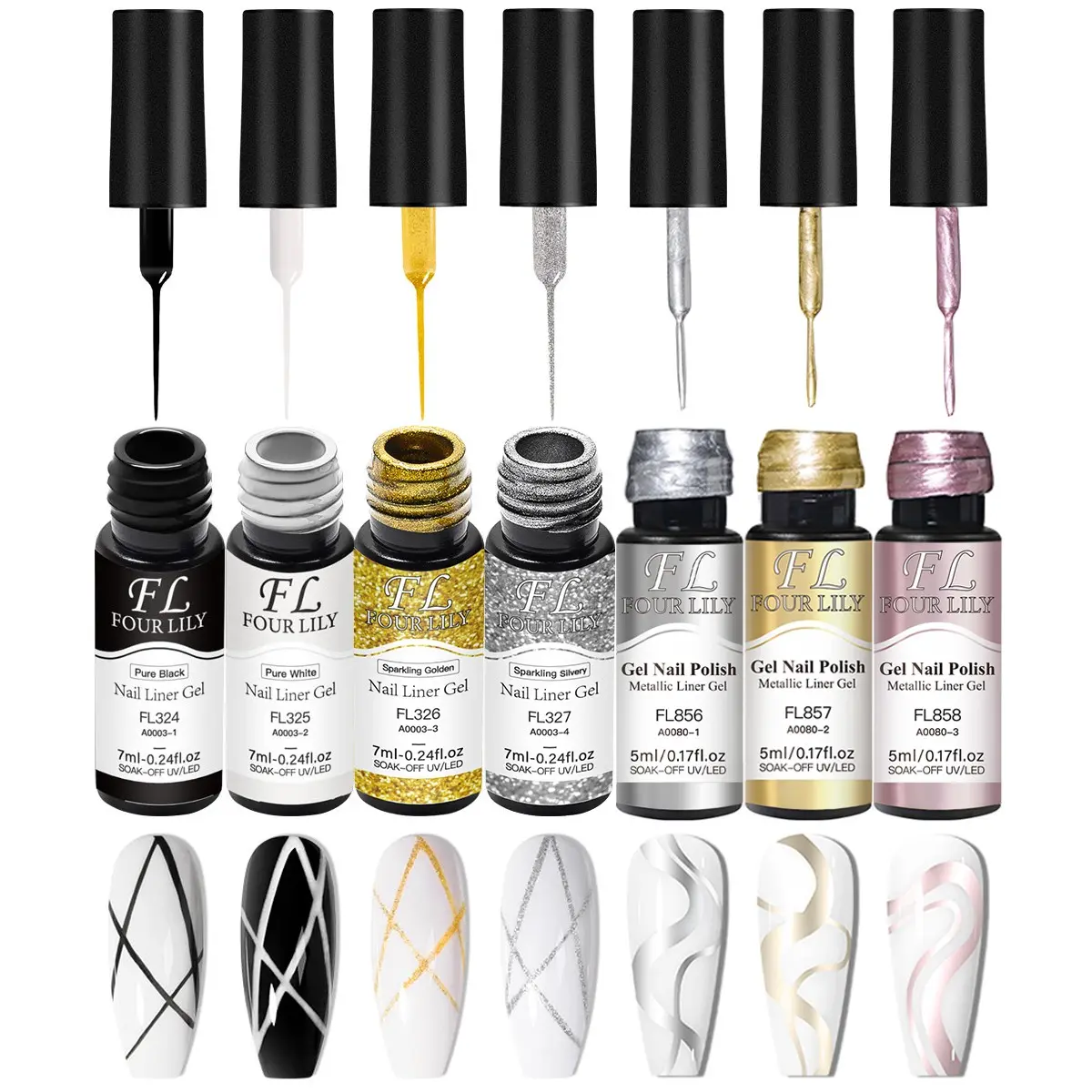 7pcs FOUR LILY Reflective Glitter Metallic Liner Gel Nail Polish Set, Super Bright Mirror Glitter Pull Line Graffiti Painting Stripe Gel Semi-Permanent Nail Art Gel Varnish, Suitable for All Seasons, Nail Art Manicure, Nail Products