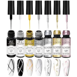 7pcs FOUR LILY Reflective Glitter Metallic Liner Gel Nail Polish Set, Super Bright Mirror Glitter Pull Line Graffiti Painting Stripe Gel Semi-Permanent Nail Art Gel Varnish, Suitable for All Seasons, Nail Art Manicure