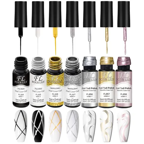 7pcs FOUR LILY Reflective Glitter Metallic Liner Gel Nail Polish Set, Super Bright Mirror Glitter Pull Line Graffiti Painting Stripe Gel Semi-Permanent Nail Art Gel Varnish, Suitable for All Seasons, Nail Art Manicure, Nail Products