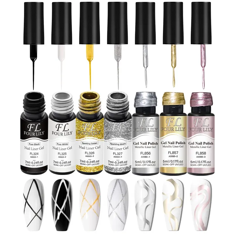 7pcs FOUR LILY Reflective Glitter Metallic Liner Gel Nail Polish Set, Super Bright Mirror Glitter Pull Line Graffiti Painting Stripe Gel Semi-Permanent Nail Art Gel Varnish, Suitable for All Seasons, Nail Art Manicure, Nail Products