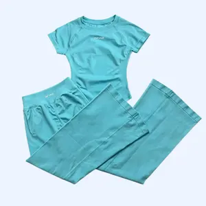 DFYNE Hot Selling 3-Panel Waist Wide Leg Flare Yoga Pants & Small Round Neck Short Sleeve Set Women - High Stretch Sculpting Workout Activewear