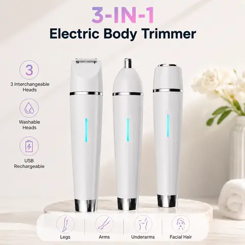 Women's 3-in-1 Cordless Rechargeable Hair Remover Epilator - Battery Powered No Plug, USB Charging, Washable 3 Interchangeable Stainless Steel Heads, Rotary Bottom Switch, Portable Body Hair Trimmer