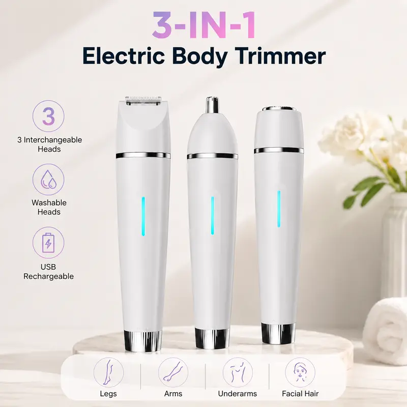 Women's 3-in-1 Cordless Rechargeable Hair Remover Epilator - Battery Powered No Plug, USB Charging, Washable 3 Interchangeable Stainless Steel Heads, Rotary Bottom Switch, Portable Body Hair Trimmer