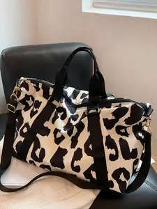 Large Capacity Leopard Print Foldable Portable Travel Bag With Wet And Dry Shoe Compartment, Stylish Simple And Stylish Handbag, Multi-Functional Adjustable Shoulder Strap, Suitable For Daily Use, Travel, Business Trip, Sports And Gym Bag.