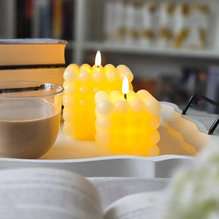 Flickering Flameless LED Cube Bubble Candles - 2-Piece Set, Remote-Controlled, Dimmable, Battery-Operated, Home & Wedding Decor