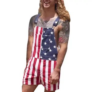 4th of July American Flag Overalls Shorts for Adults, Denim Bib Shorts USA 250th Patriotic Outfit for Memorial Day Celebrations and Summer Events