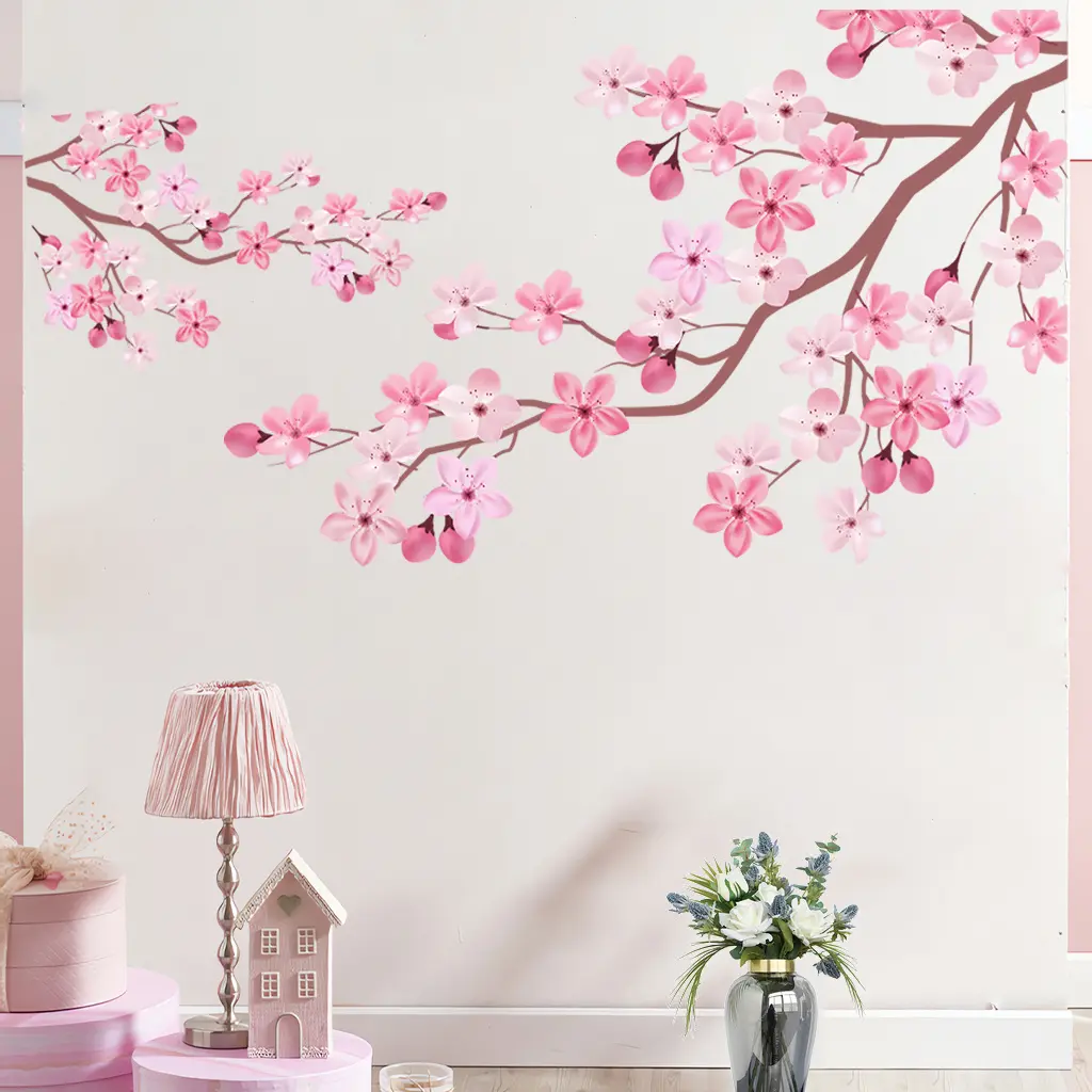 1 Set of soft pink cherry blossom branch atmosphere decorative wall stickers, Cherry blossom decal, Wall Decals, self-adhesive detachable waterproof stickers, home house walls, rooms, windows, bedrooms decoration