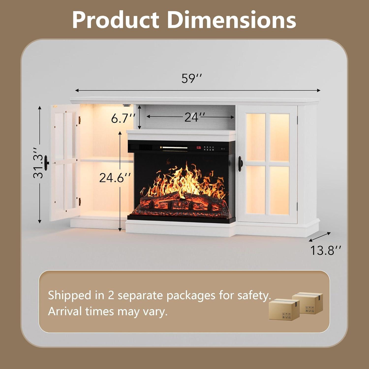 FURMAX Glass Fireplace TV Stand for Televisions up to 65", Media Entertainment Center Console Table with Led Lights