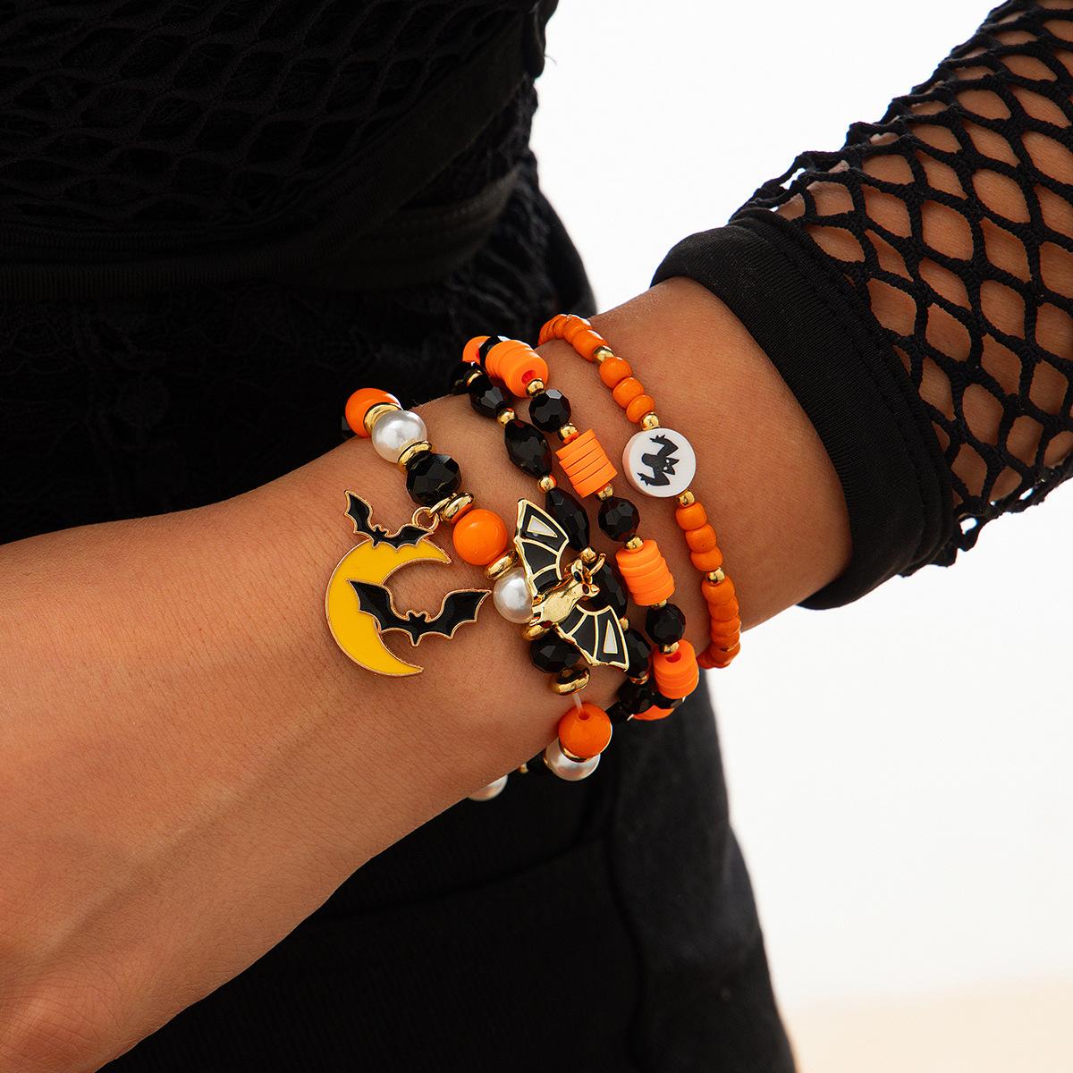 Halloween New Skull Pumpkin Bracelet Suit for Women Dark Style Zinc Alloy Insect Geometric Design Mixed Colors 4379-5296