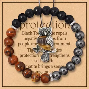 2pcs/set Triple Protection Bracelet Cat Necklace and Wish Card: Tiger Eye, Black Obsidian, & Hematite 8mm Round Protection Crystals (Gemstone Stretch Bracelet)