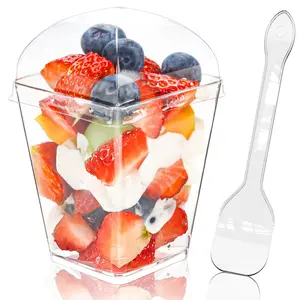 20/50 Pack 5oz Square Transparent Plastic Dessert Cups with Lids and Spoons, Mini Cake Cups for Yogurt, Jelly, Snacks, Mousse Cakes