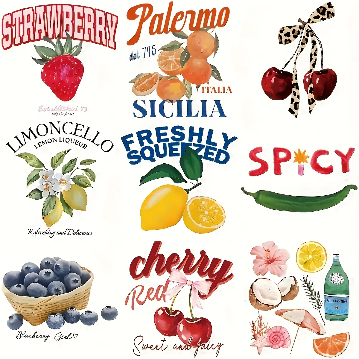 9-Piece Colorful Fruit & Vegetable Heat Transfer Stickers, Vinyl Iron-On Patches for DIY T-Shirts, Hoodies, Bags, Hats, Fashion Decals