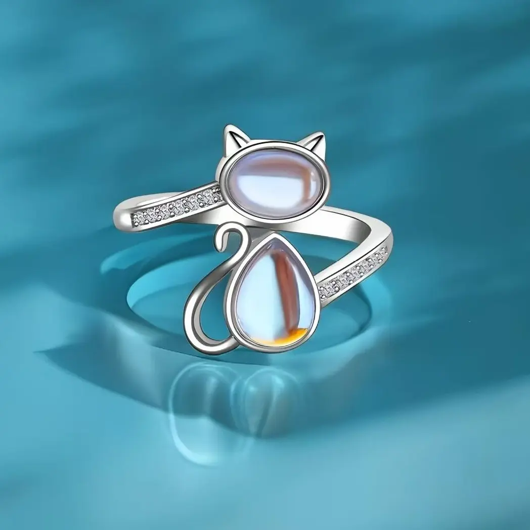 Sterling Silver Synthetic Moonstone Cat Ring with Open Adjuster, Elegant Fashion Rings for Female, Fashionable & Versatile Jewelry with Gift Box, Ideal for Daily Wear & Birthday Party Gifting, Girl