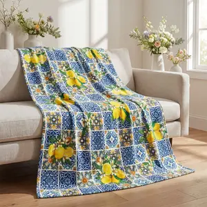 Spring and summer flannel blanket, vintage lemon jasmine leaf blue and yellow soft plush comfortable wool blanket, suitable for sofas, beds, recliners, an ideal gift for children and adults, 50x60inch