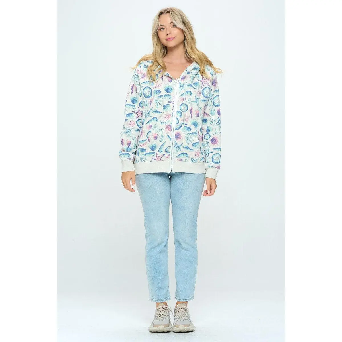 Sea Shell Print Zip Up Hoodie