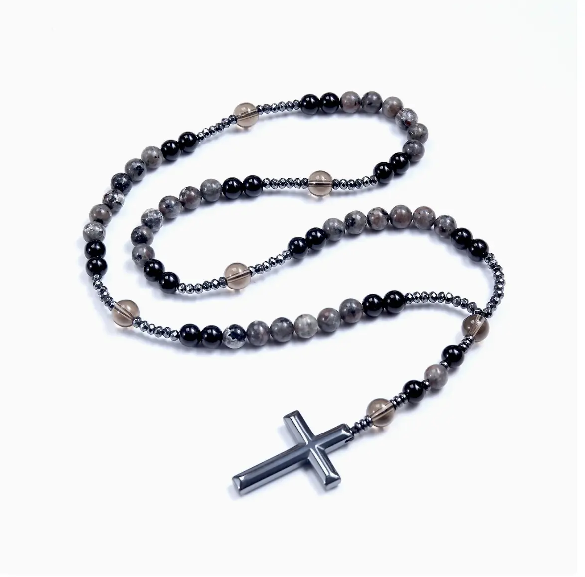 Opalux Natural Obsidian Yooperlite Rosary Necklace UV Reactive Protection Necklace Hematite Stone Cross Pendant Necklace Gift for her, gift for him
