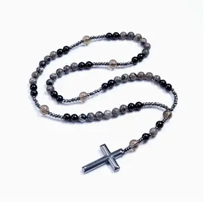 Opalux Natural Obsidian Yooperlite Rosary Necklace UV Reactive Protection Necklace Hematite Stone Cross Pendant Necklace Gift for her, gift for him