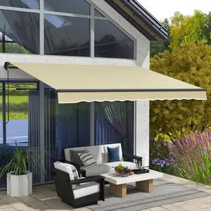 Manual Retractable Patio Awning – 12' x 10' Sun Shade. UV30+ Protection, Water & Fade Resistant. Powder-Coated Steel + Aluminum Frame. Shaded Area: 141.75" x 118"