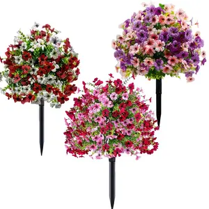 3-Piece Artificial Daisy Tree Set with Stakes, UV-Resistant Evergreen Bushes, Fake Plants Outdoor for Garden and Front Door Decor, Low Maintenance Year-Round