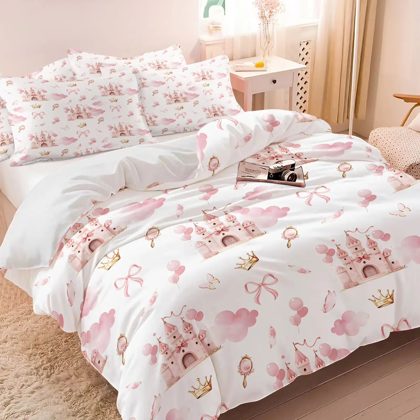 Princess Castle Duvet Cover Set, 1 Duvet Cover + 1/2 Pillowcases, No Filling, HD All Season Print, Soft Cozy Breathable Bedding, Pink Castle & Crown Pattern for Girls Bedroom & Dorm Decor, Easy to Clean
