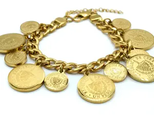 Coin Drop Bracelet - Stainless Steel - Unique Design, Unisex Casual Accessory, Cuban Jewelry, Gold, Non Tarnish Elegant Style