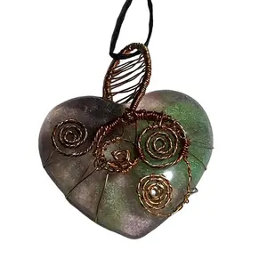 Green and Pink Resin Wire Wrap Heart Pendant
