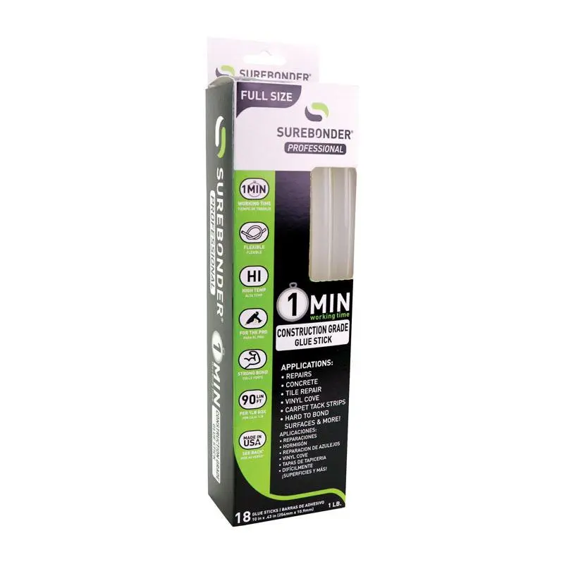 212 MAIN Surebonder 2803021 Construction Grade Glue Stick, 0.41 in. Dia x 10 in., 1-Minute Fast-Drying, Strong Instant Bond, Repair Use, 18-Pack