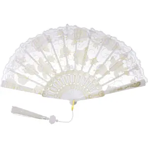 Lace Handheld Folding Fan Embroidered Flower Decorative Folding Fans Chinese  Hand Fan for 1920s Costume Wedding Bridal Dancing  Party, White