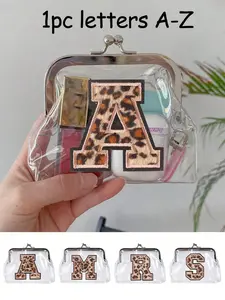 Name Initials A-Z Leopard Embroidered Compact Makeup Bag, Transparent Travel Storage Pouch, Portable Mini Bag, Lipstick Cosmetic Organizer