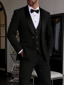 Men's 3pcs Slim-Fit Dark Green Suit Set - Full Wedding & Business Attire with Vest, Pants & Tie, Notched Tailored Suit Jacket for Formal Events, Work Uniform, Prom, or Professional Wear (All-Season)