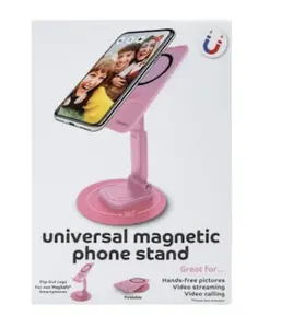 Universal magnetic Phone Stand with Flip-Out Legs (Pink) – 360° Adjustable, Strong Grip