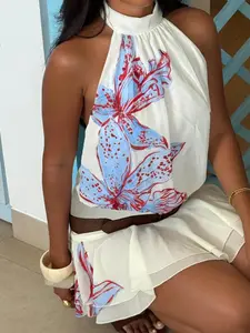 Vintage Boho Floral Print Halter Neck Sleeveless Dress, Pleated Open Back Sexy Slim Fit Spring Summer Beach Dress for Women, Holiday Wear, Bohemian Floral Dress