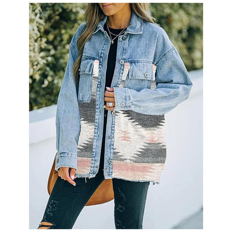 Women'S Vintage Western Jeans Jacket - Long Sleeve Button-front coat with, Non-Symmetric Patchwork design in Blue/Red/Beige/Black/White/Gray/, Mid-Length Transitional Jacket for Spring/Fall Casual Formal Outfits - Retro Western Style Outerwear, Denim Jack