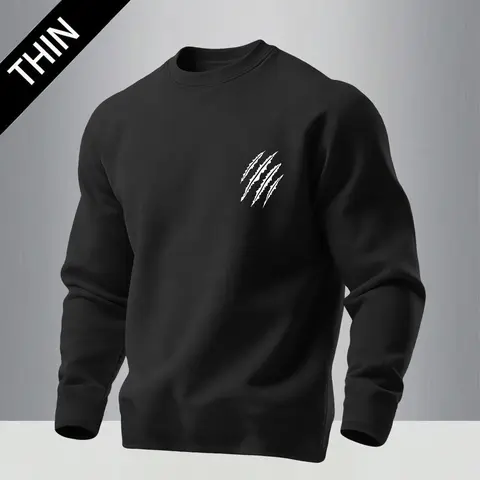 Men's Paw Print Fitted Crew Neck Printed Long-Sleeve T-Shirt, Stylish Casual Streetwear, Ideal for Outdoor Sports, Gift-Ready Black Menswear Top for Boyfriend, Long Sleeve Shirts, Printed Men's Long-Sleeve T-Shirts