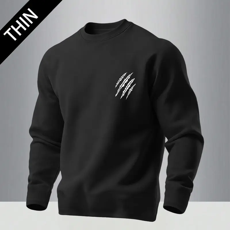 Men's Paw Print Fitted Crew Neck Printed Long-Sleeve T-Shirt, Stylish Casual Streetwear, Ideal for Outdoor Sports, Gift-Ready Black Menswear Top for Boyfriend, Long Sleeve Shirts, Printed Men's Long-Sleeve T-Shirts