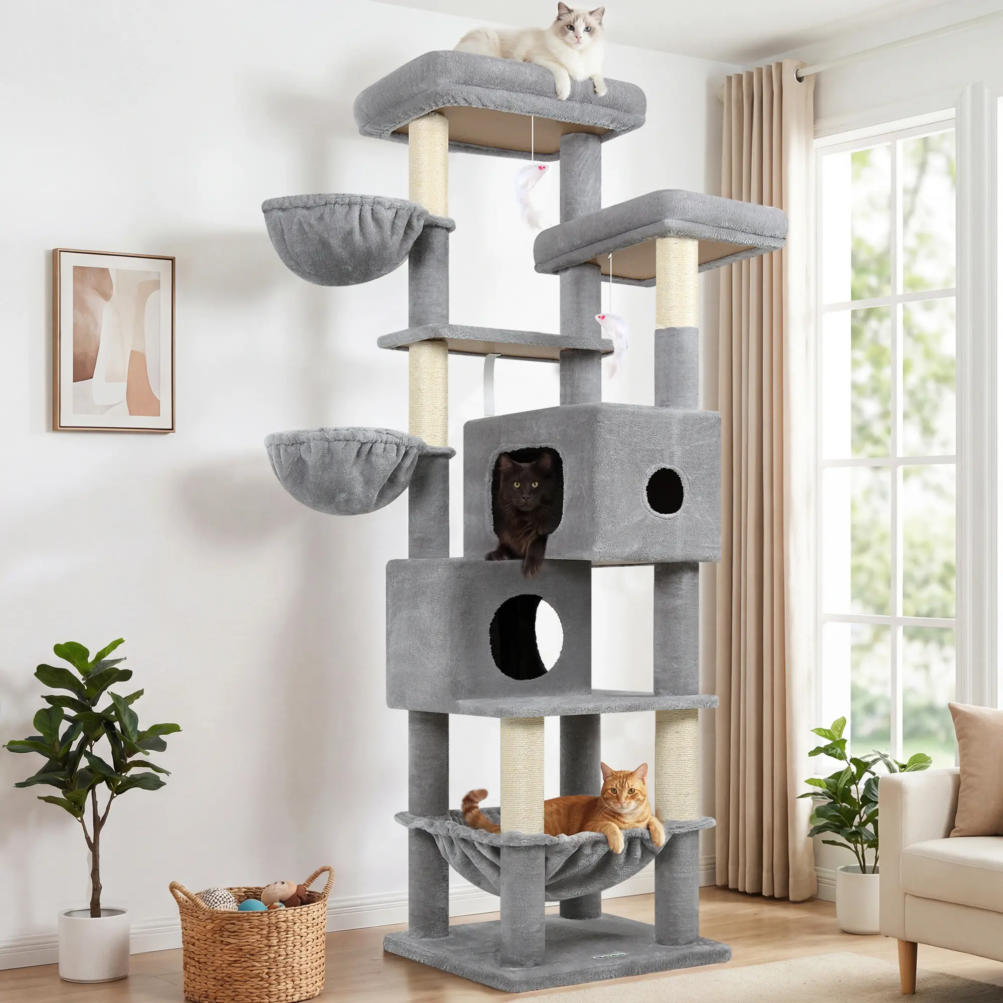 Globlazer 73-Inch Modern Indoor Cat Tree with Toys, Heavy-Duty Extra-Sturdy Tower with Dual Condos for Big Cats
