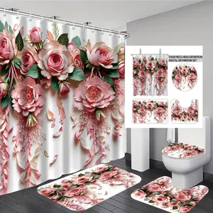4PCS Romantic Spring Floral Shower Curtain Sets with Non-Slip Rugs and Toilet Lid Cover Bath Decor Machine Washable Shower Curtains 71"x 71" with 12 Hooks Durable Waterproof for Bathroom Flower