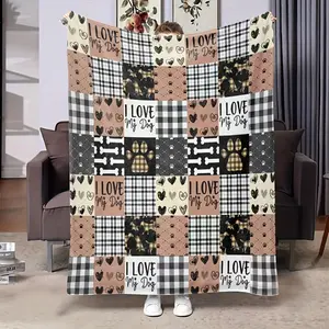 Cozy Pet-Themed Flannel Blanket - Dog Paw Prints & Plaid Patchwork Design, Soft & Lightweight, "I Love My Dog" Warmth, Perfect for Home Use, Comforting Pet Owner'S Retreat, Allseasons, Machine Washable, Dog Decor