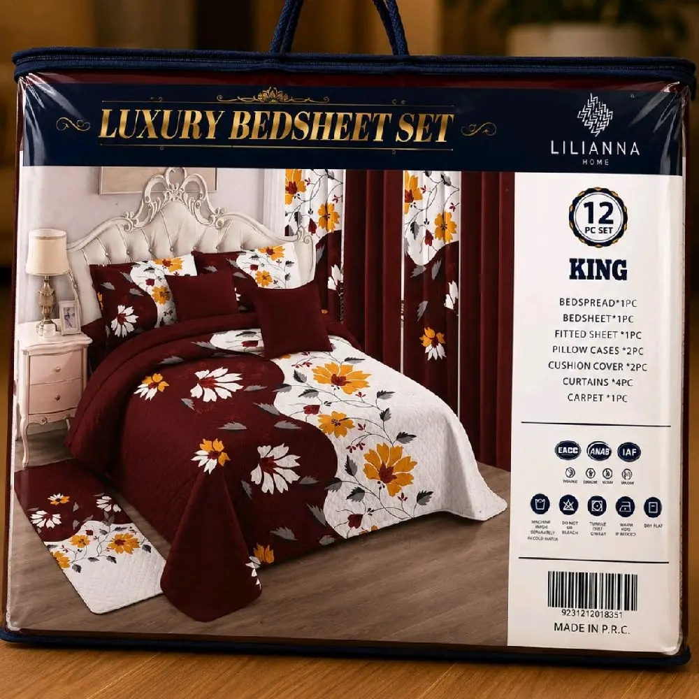 Lilianna Luxury 12 PCS King Bed Sheet Set with Curtains & Rug