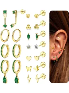 Elegant 11 Pairs Golden Gentle Ear Hoops Studs Green Zirconia Flat Back Surgical Steel Copper Earrings for Women Men Hypoallergenic Earrings Stud Huggie Hoop Earrings Cartilage Earrings Small Studs Earrings Set for Multiple Piercings