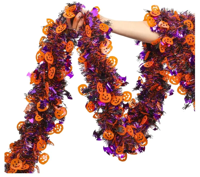 Halloween Tinsel Garland Decor, 50Ft Glitter Tinsel Twist Garland Decorations for Halloween Party Decor