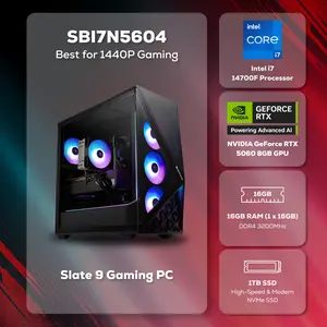 iBUYPOWER Slate Gaming PC Desktop Computer Intel Core i7 14700F CPU, NVIDIA GeForce RTX 5060 8GB GPU, 16GB DDR4 Non-RGB 3200MHz RAM, 1TB NVMe SSD, Windows 11 Home, Gamer Keyboard and Mouse - SBI7N5604