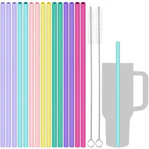 Tomorotec 15-Pack 12" Reusable Silicone Drinking Straws Compatible with Stanley Tumblers 20, 30, 40oz with 2 Cleaning Brushes, BPA-Free Food-Grade Vibrant Colors Flexible Straw(Girls Colors)